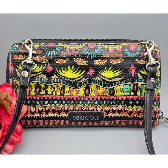 Sakroots Crossbody Zip Wallet Purse Coated Canvas Peace Sign Colorful Design - Picture 1 of 12